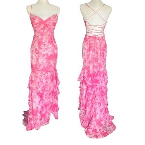 Night Moves prom collection ruffle leg slit gown lace up backless dress